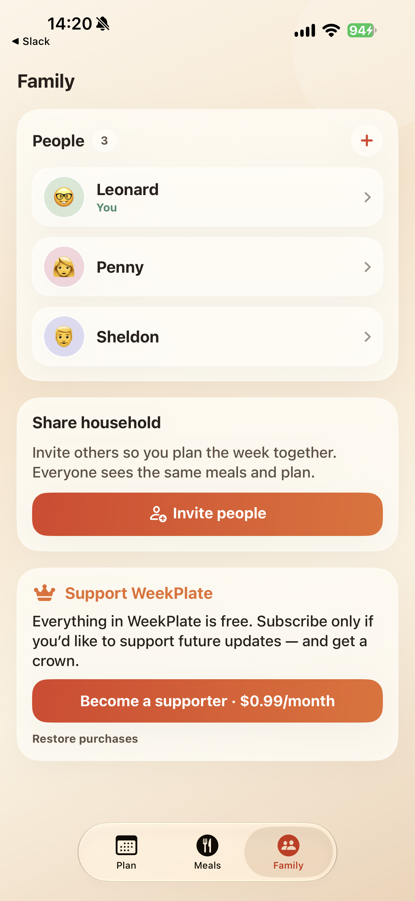 The family page with household members and household sharing